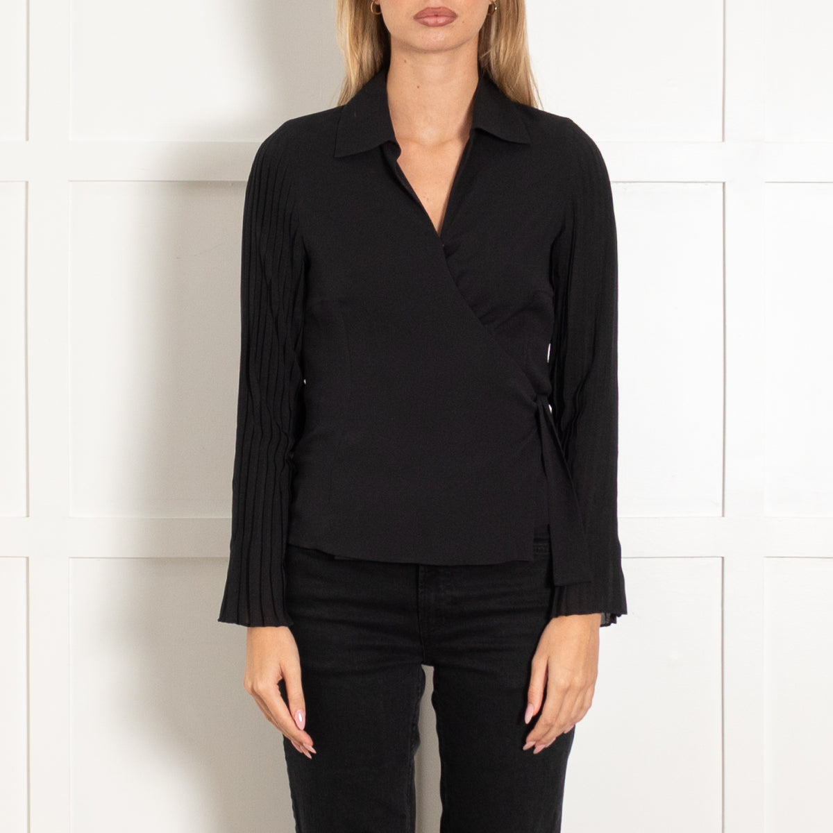 Akris Black Silk Pleated Sleeve Wrap Blouse