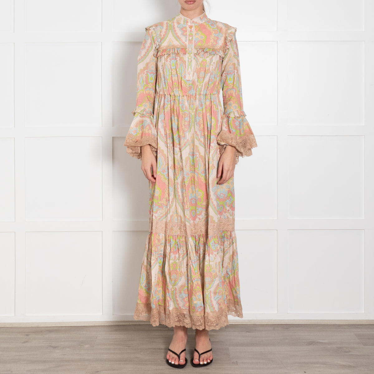 Gucci Beige Multi Colour Print Cotton Lace Trim Maxi Dress