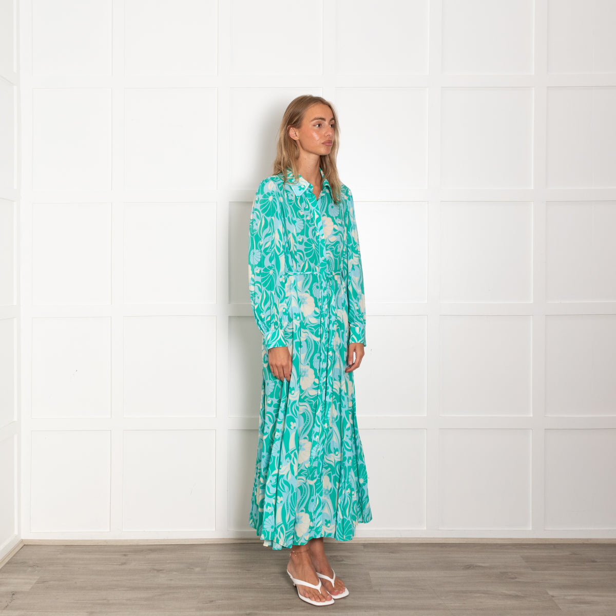 Rixo Turquoise Green Floral Long Sleeve Maxi Dress