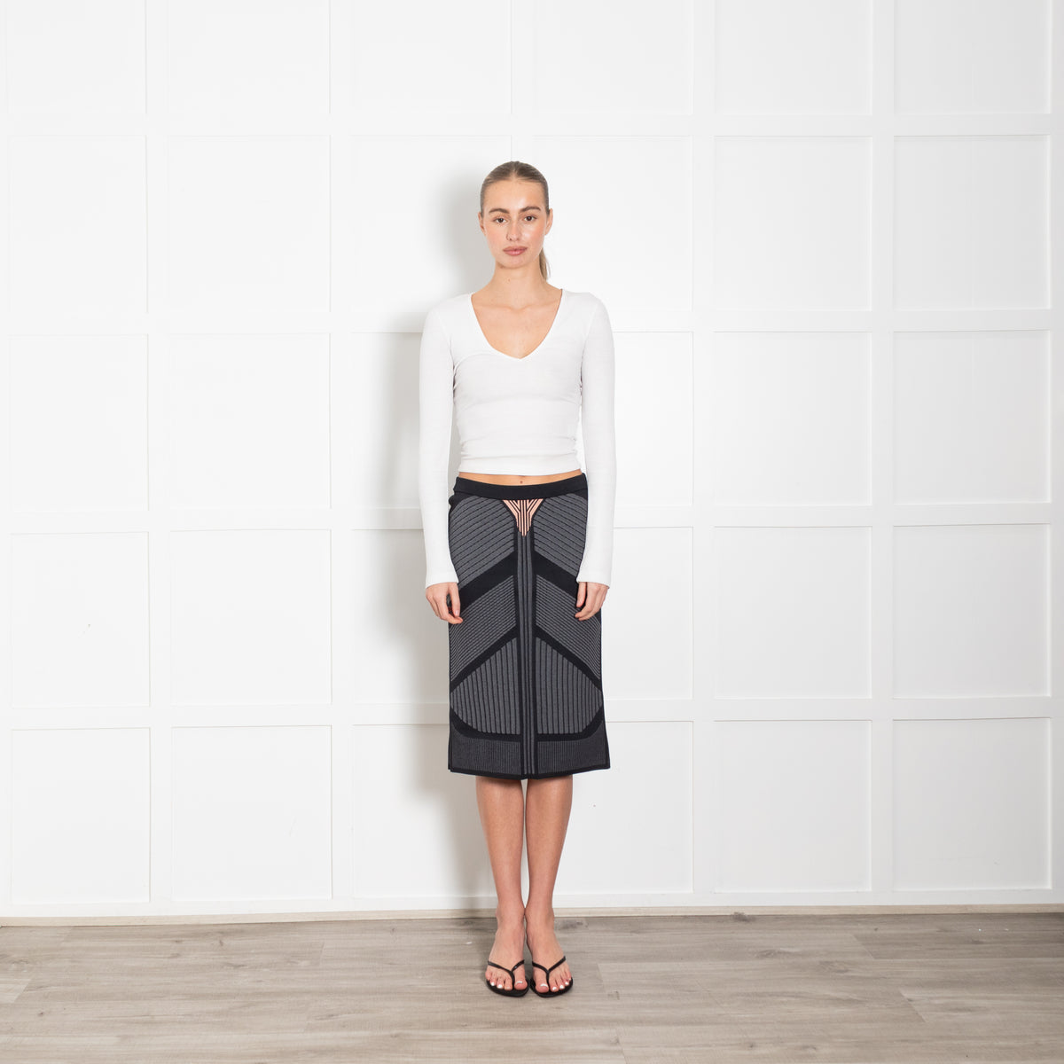 Prada Navy Grey Pink Knit Stretchy Fitted Skirt