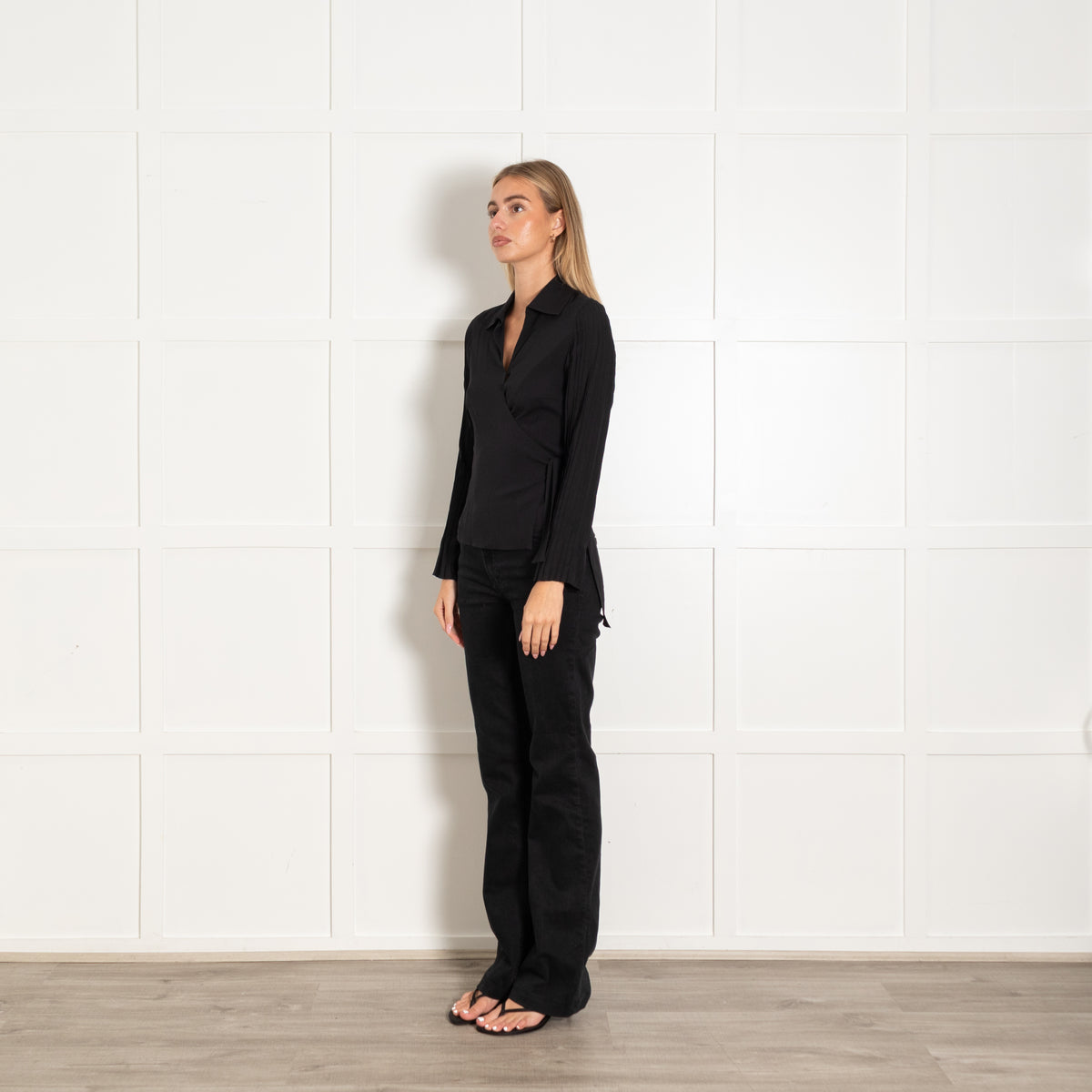 Akris Black Silk Pleated Sleeve Wrap Blouse