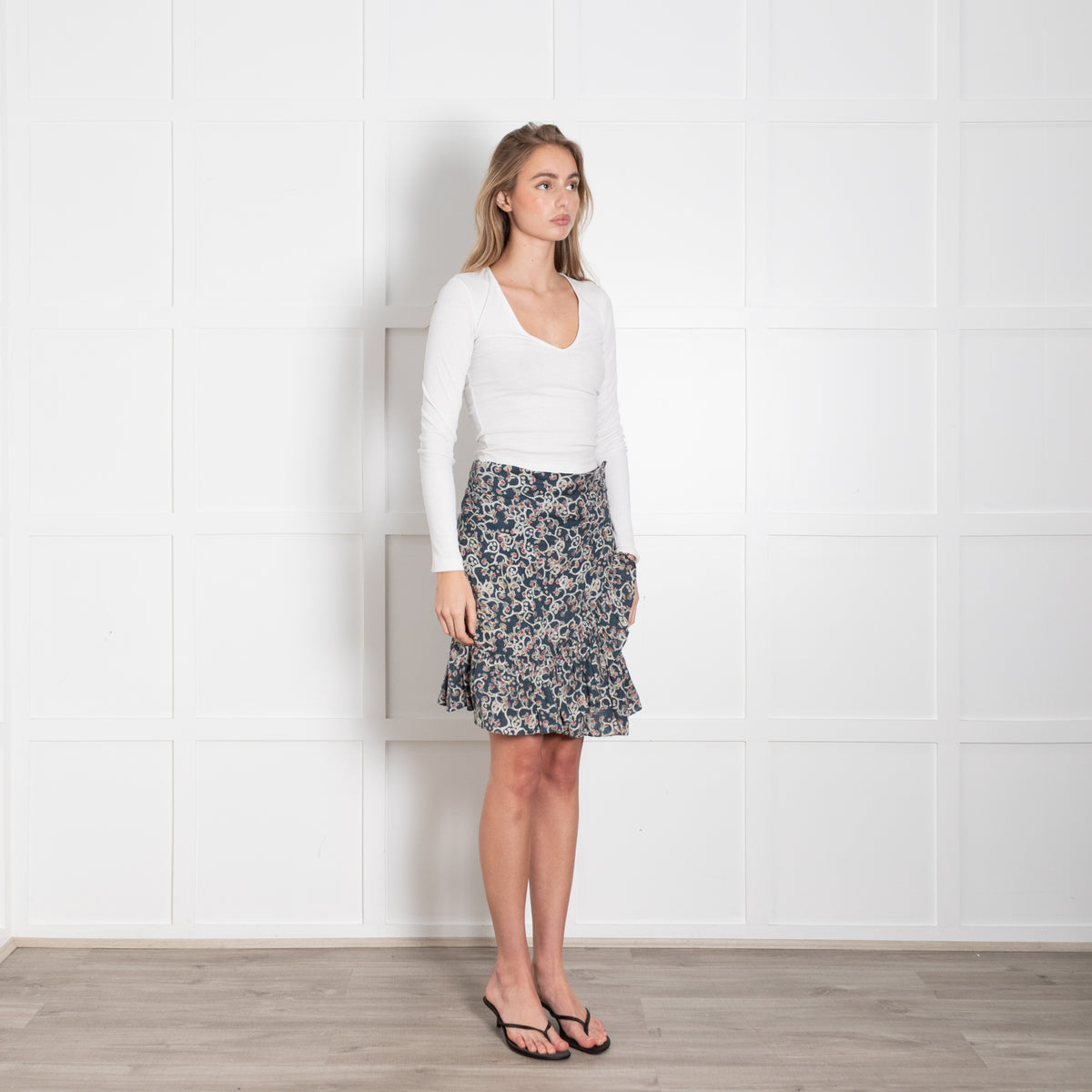 Isabel Marant Etoile Teal White Print Linen Frill Trim Wrap Mini Skirt