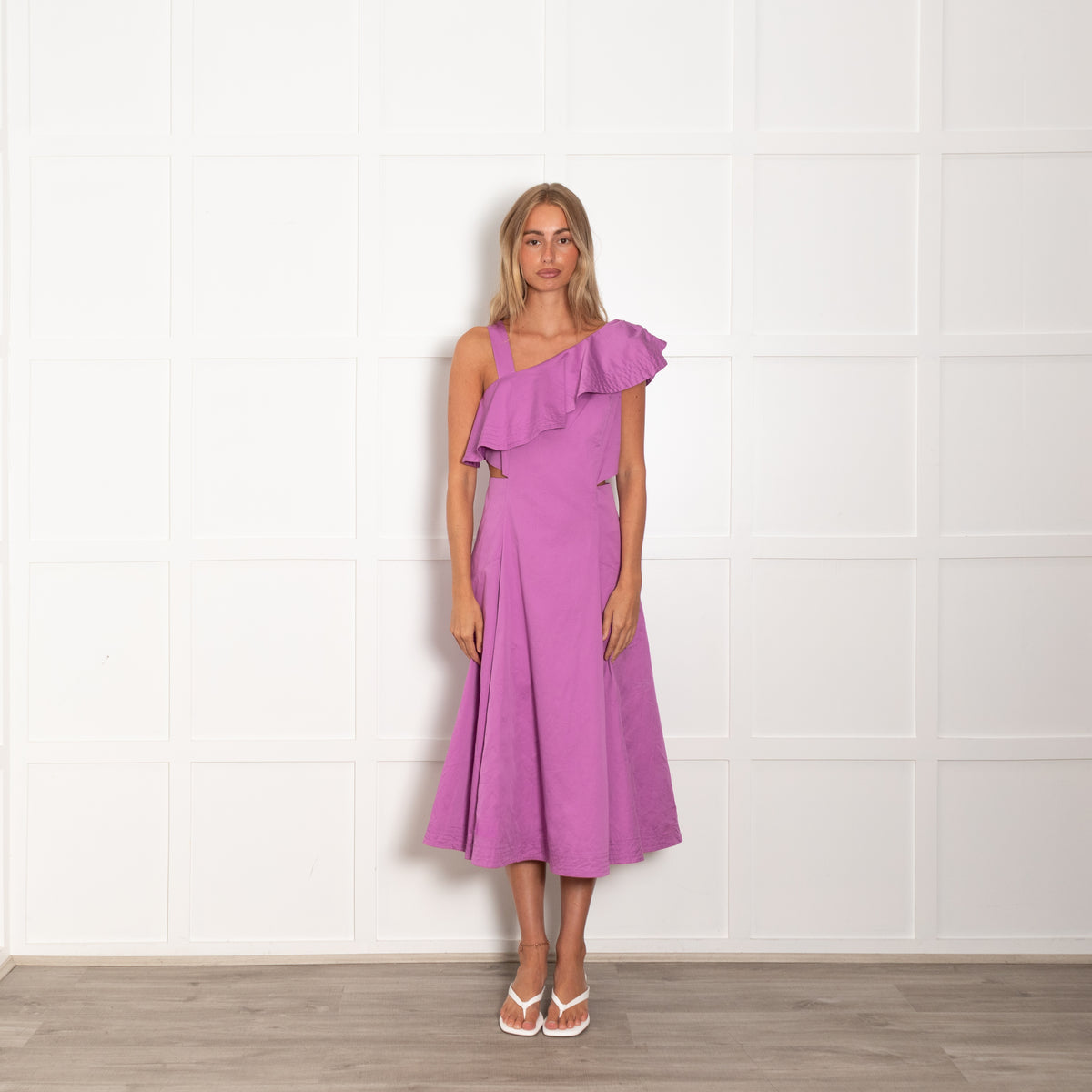 Veronica Beard Lilac Cut Out Waist Frill Collard Detail Cotton Dress