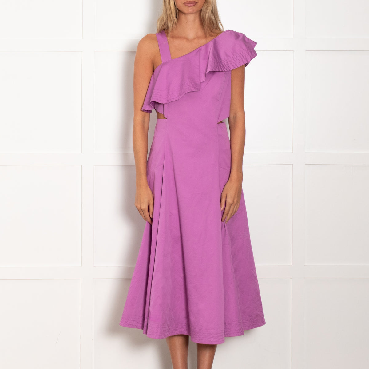 Veronica Beard Lilac Cut Out Waist Frill Collard Detail Cotton Dress