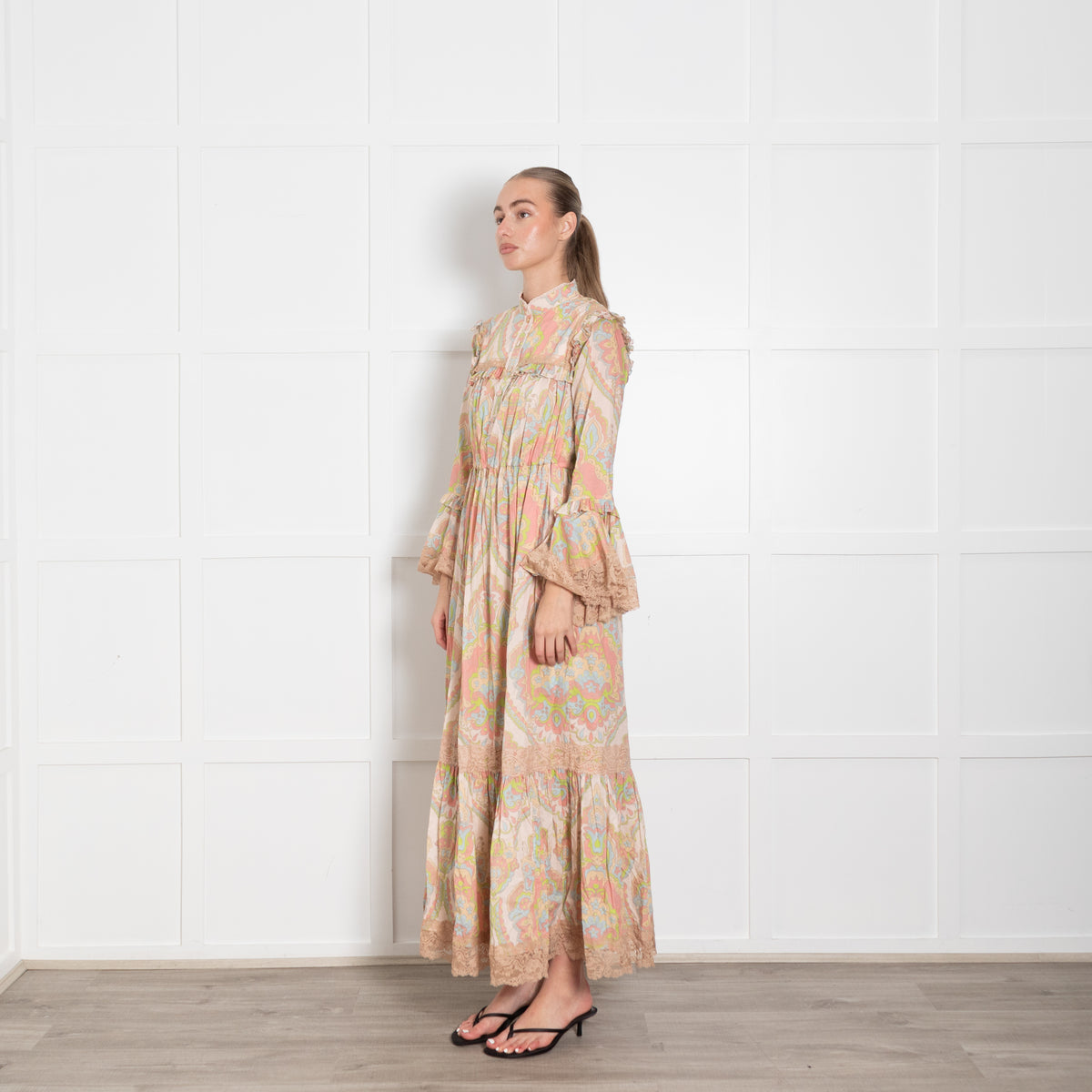 Gucci Beige Multi Colour Print Cotton Lace Trim Maxi Dress