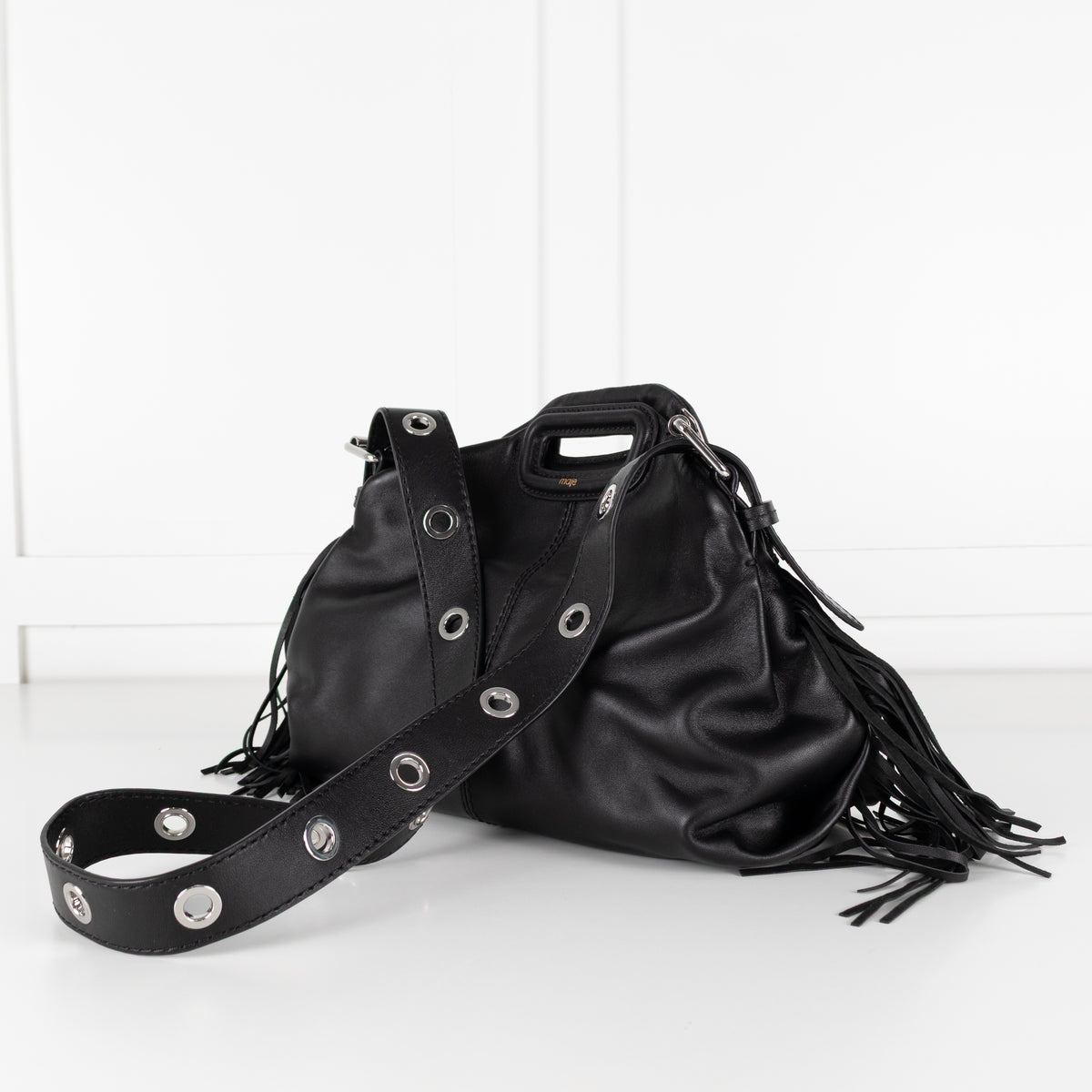 Maje Miss M Black Leather Fringed Bag with Crossbody