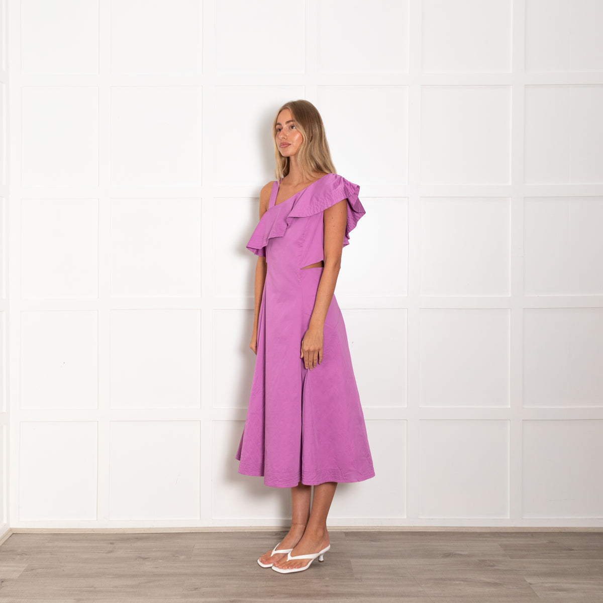 Veronica Beard Lilac Cut Out Waist Frill Collard Detail Cotton Dress