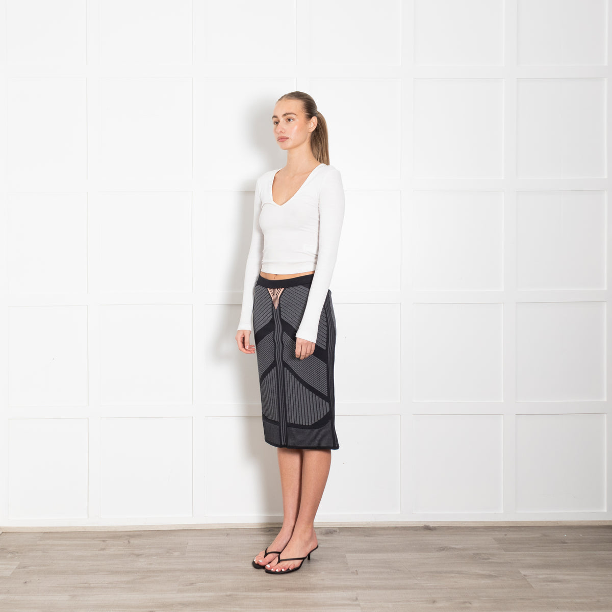 Prada Navy Grey Pink Knit Stretchy Fitted Skirt