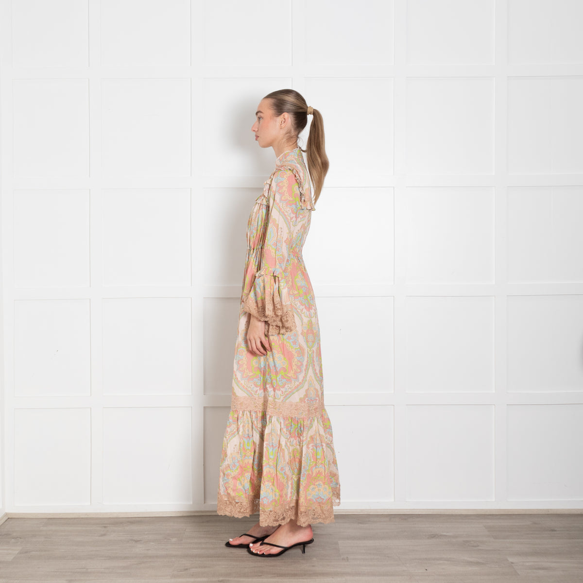 Gucci Beige Multi Colour Print Cotton Lace Trim Maxi Dress