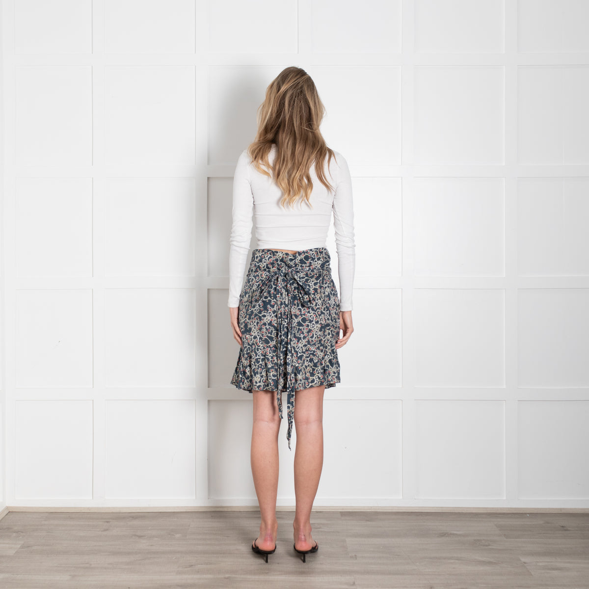Isabel Marant Etoile Teal White Print Linen Frill Trim Wrap Mini Skirt