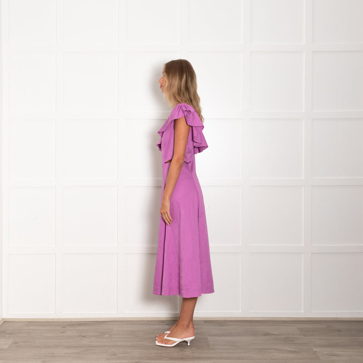 Veronica Beard Lilac Cut Out Waist Frill Collard Detail Cotton Dress