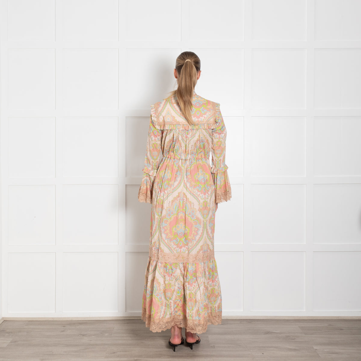 Gucci Beige Multi Colour Print Cotton Lace Trim Maxi Dress