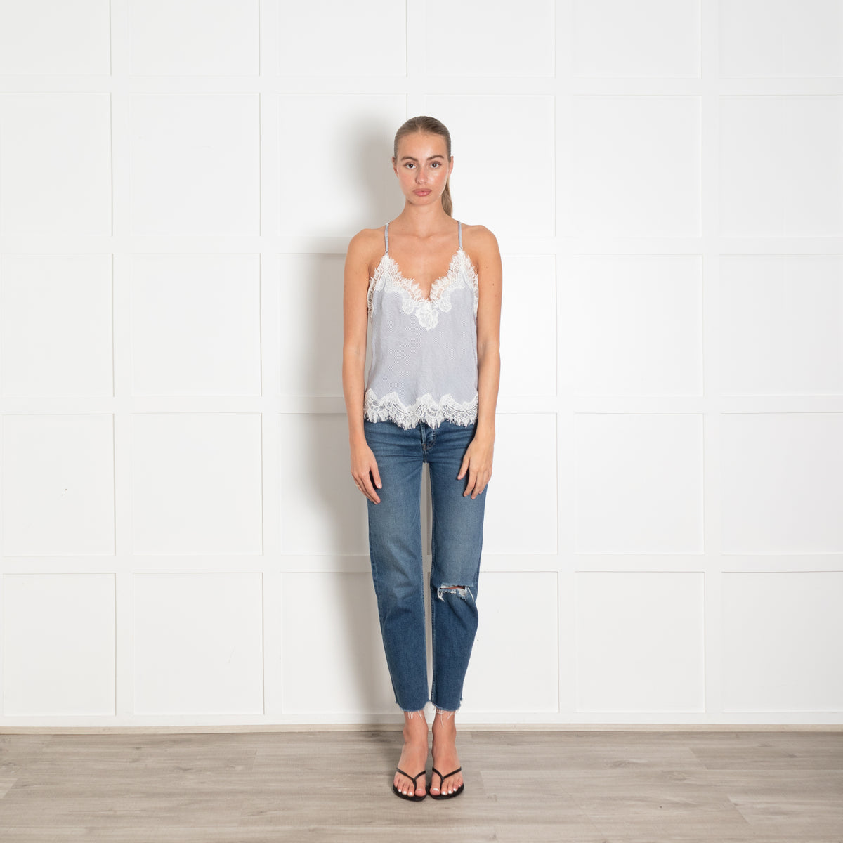 Gold Hawk Blue Diagonal Stripe With Lace Camisole Top