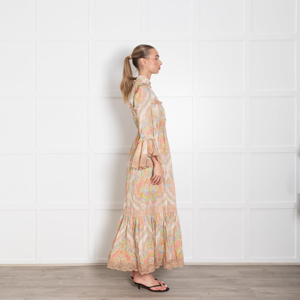 Gucci Beige Multi Colour Print Cotton Lace Trim Maxi Dress