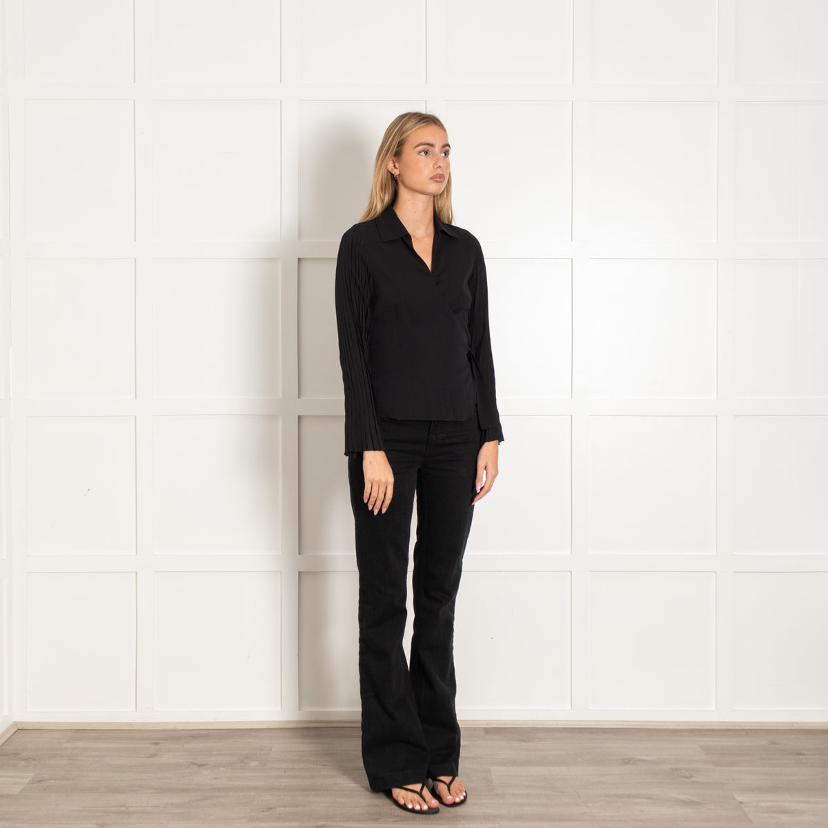 Akris Black Silk Pleated Sleeve Wrap Blouse