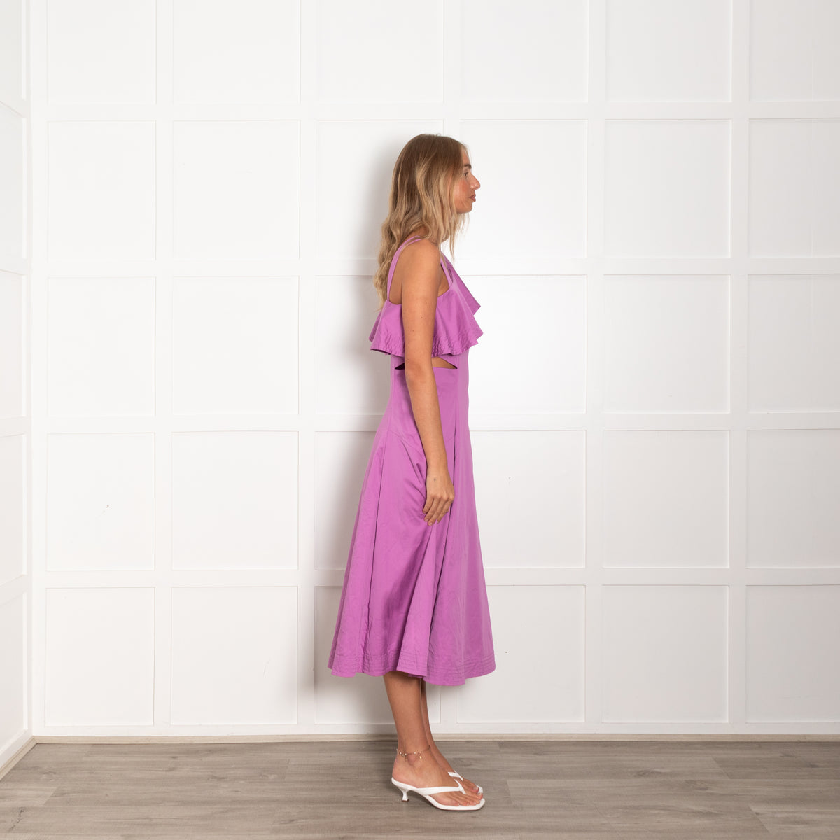 Veronica Beard Lilac Cut Out Waist Frill Collard Detail Cotton Dress