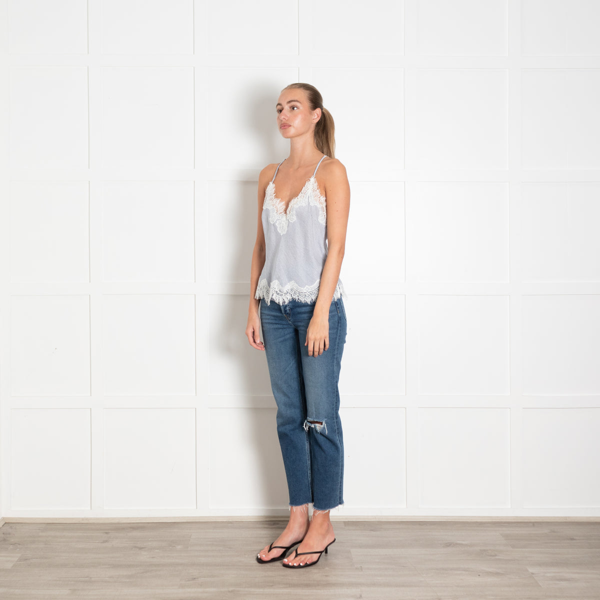 Gold Hawk Blue Diagonal Stripe With Lace Camisole Top