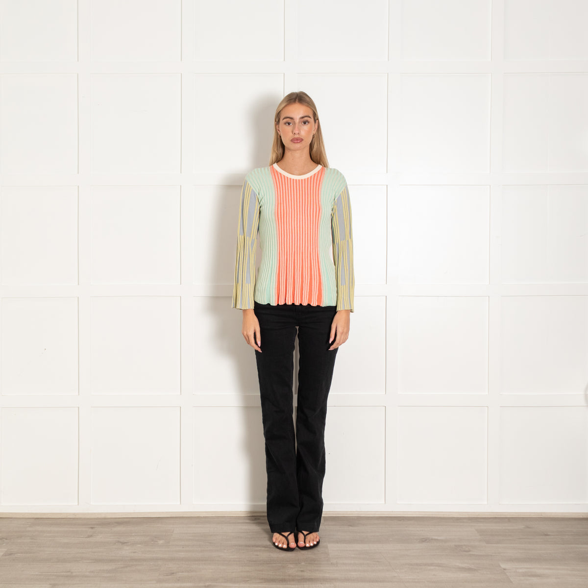 Kenzo Red and Green Ribbed and Flared Long-Sleeved Top