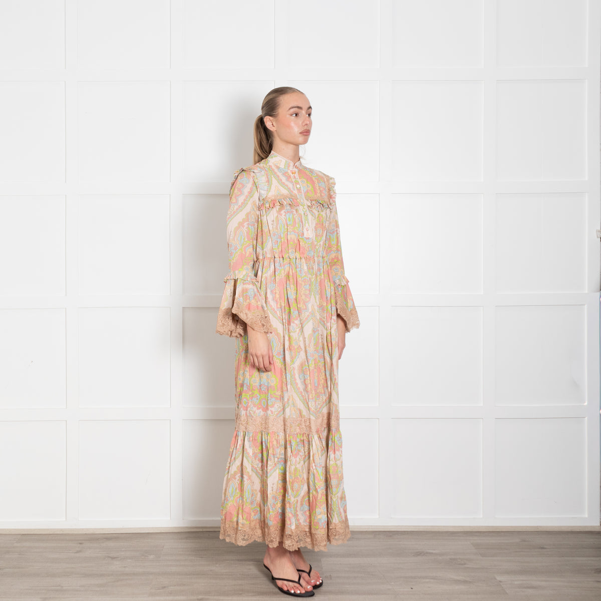 Gucci Beige Multi Colour Print Cotton Lace Trim Maxi Dress