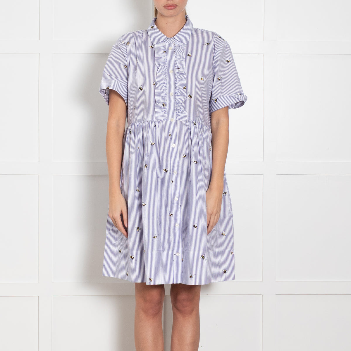 Kate Spade White Lilac Striped Bee Print Short Sleeve Dress