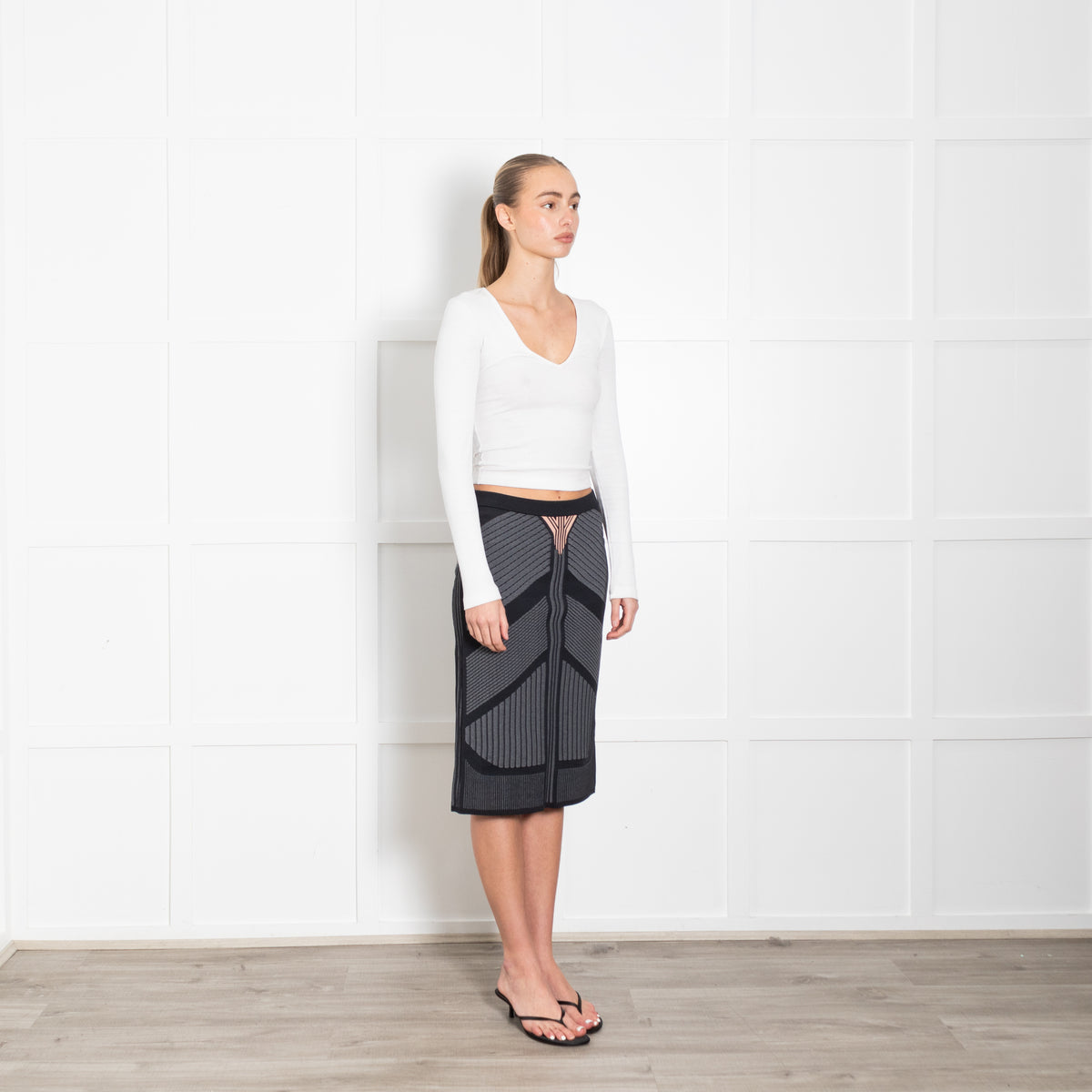 Prada Navy Grey Pink Knit Stretchy Fitted Skirt