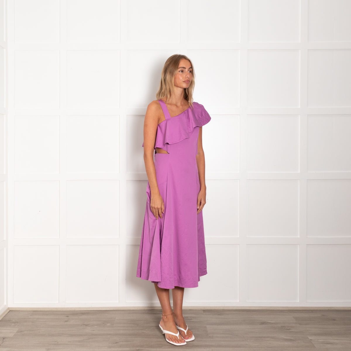 Veronica Beard Lilac Cut Out Waist Frill Collard Detail Cotton Dress