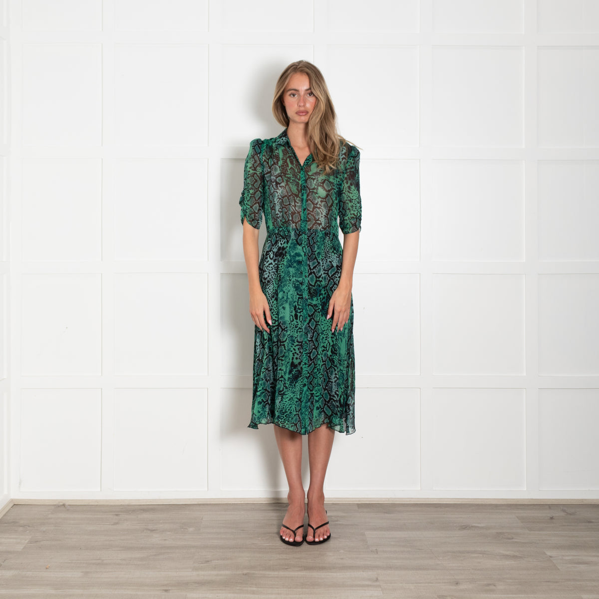 ba&sh Green & Black Snakeprint Shortsleeve Button Front Dress