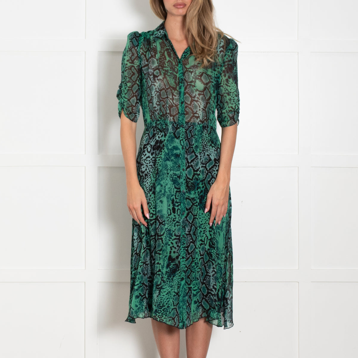 ba&sh Green & Black Snakeprint Shortsleeve Button Front Dress