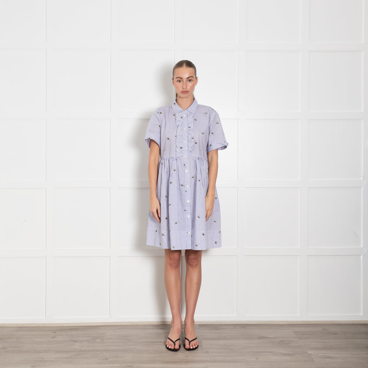 Kate Spade White Lilac Striped Bee Print Short Sleeve Dress