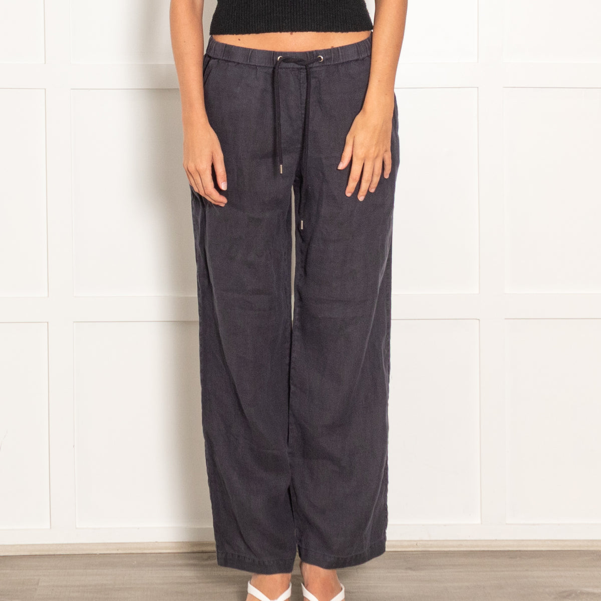 James Perse Navy Drawstring Linen Straight Leg Trousers