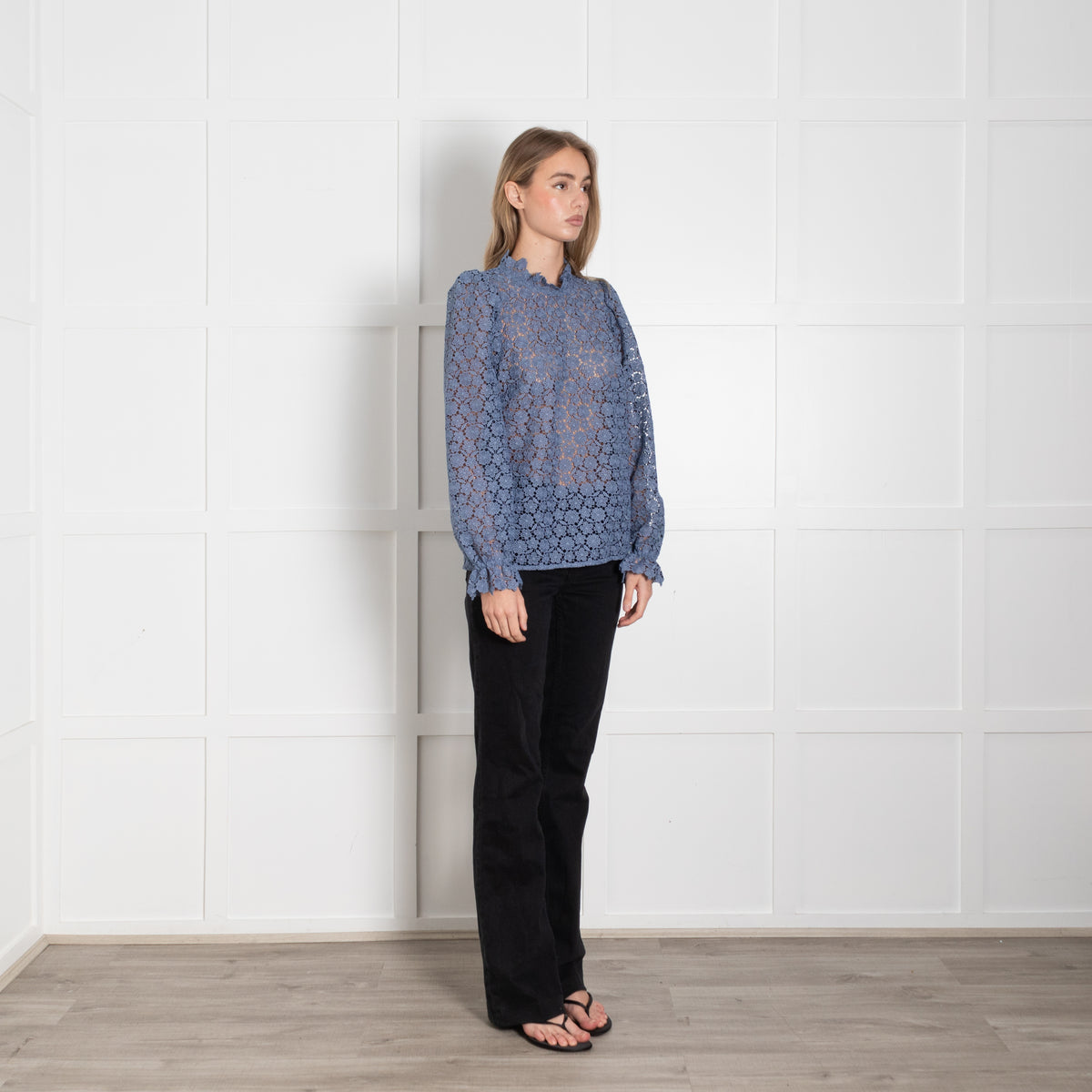 Sezane Blue Lace Ruffle Neck Top