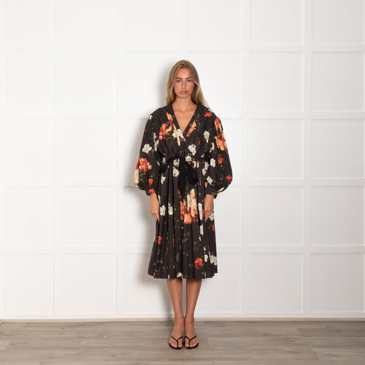 Erdem Black Red White Floral Belted Long Sleeve Dres