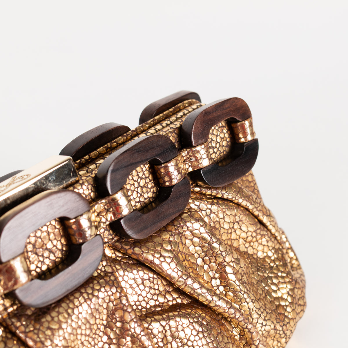 Anya Hindmarch Gold Crinkle Clutch with Wooden Link Detail