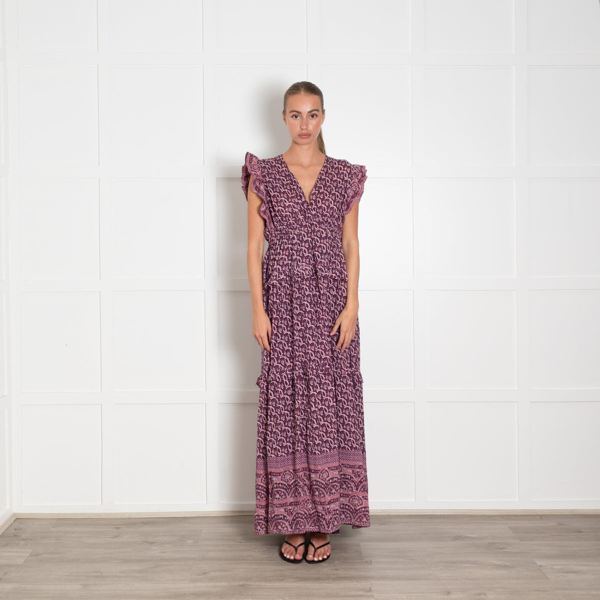 M.A.B.E Purple Cream Paisley Print Frill Detail Maxi Linen Dress