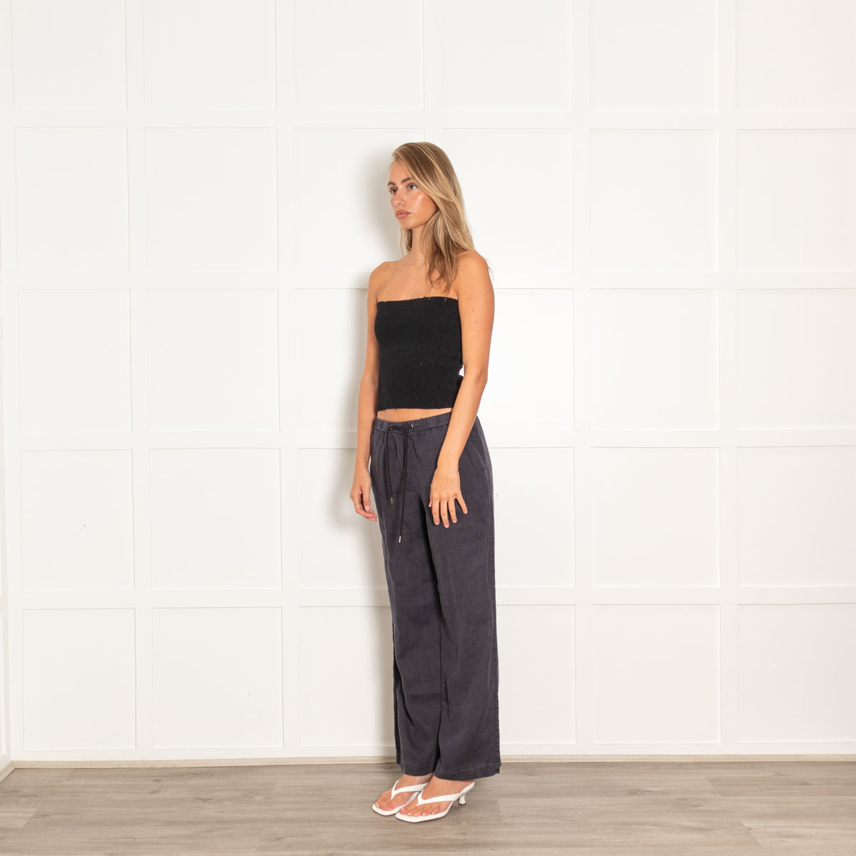 James Perse Navy Drawstring Linen Straight Leg Trousers