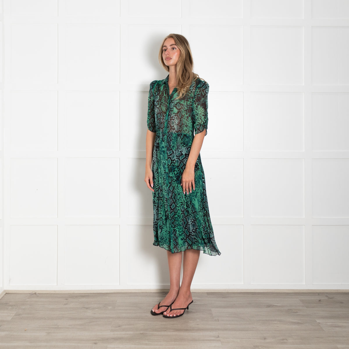 ba&sh Green & Black Snakeprint Shortsleeve Button Front Dress