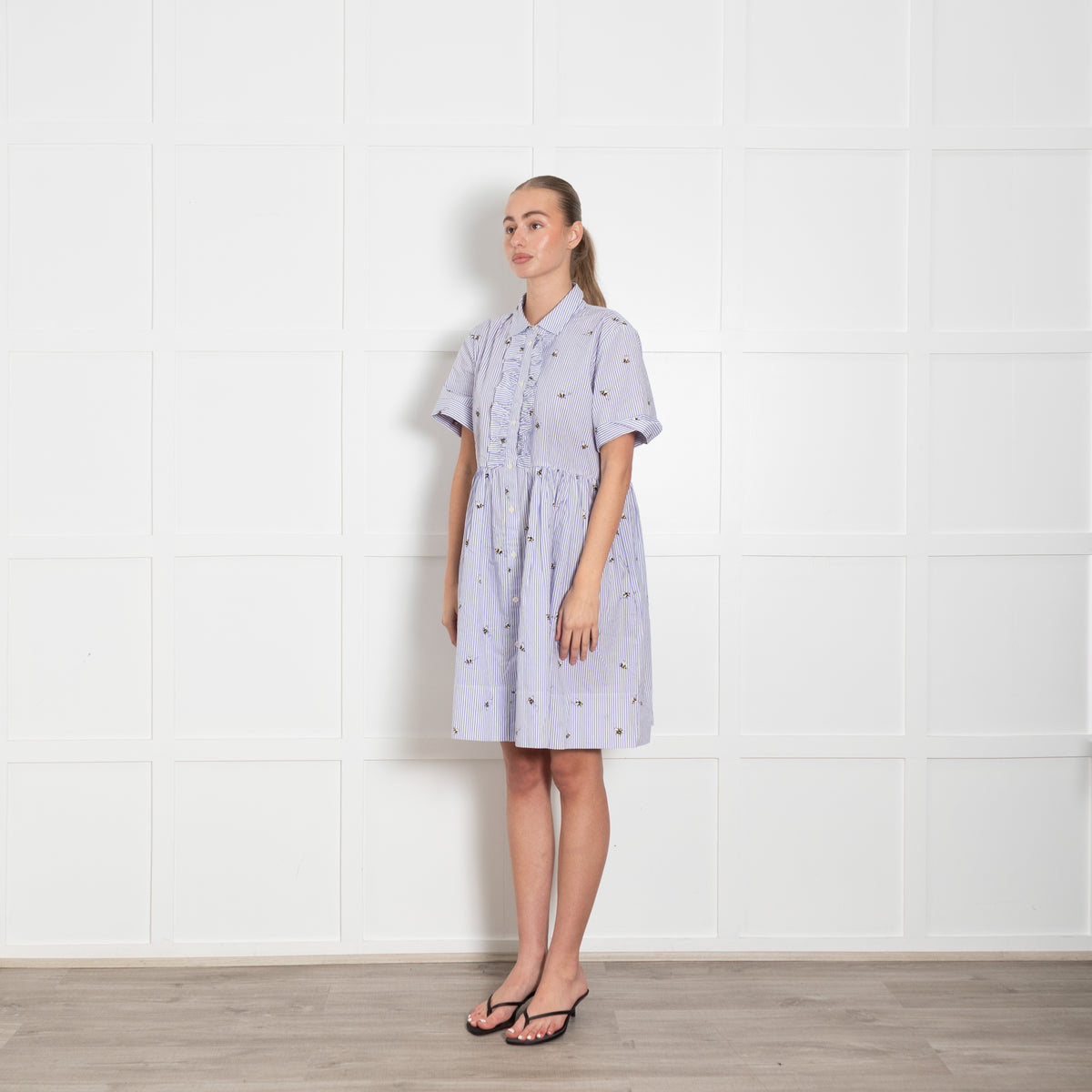 Kate Spade White Lilac Striped Bee Print Short Sleeve Dress