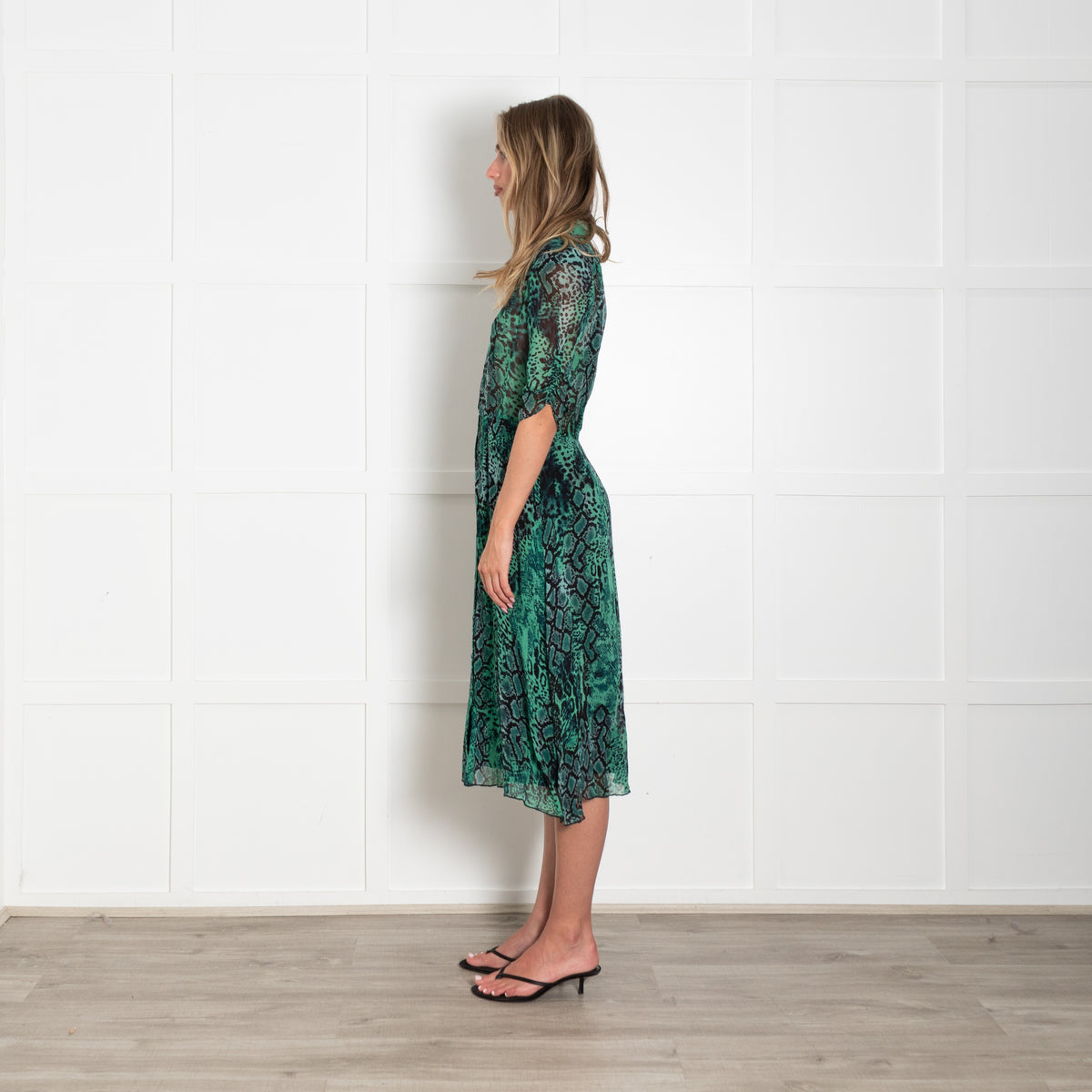 ba&sh Green & Black Snakeprint Shortsleeve Button Front Dress