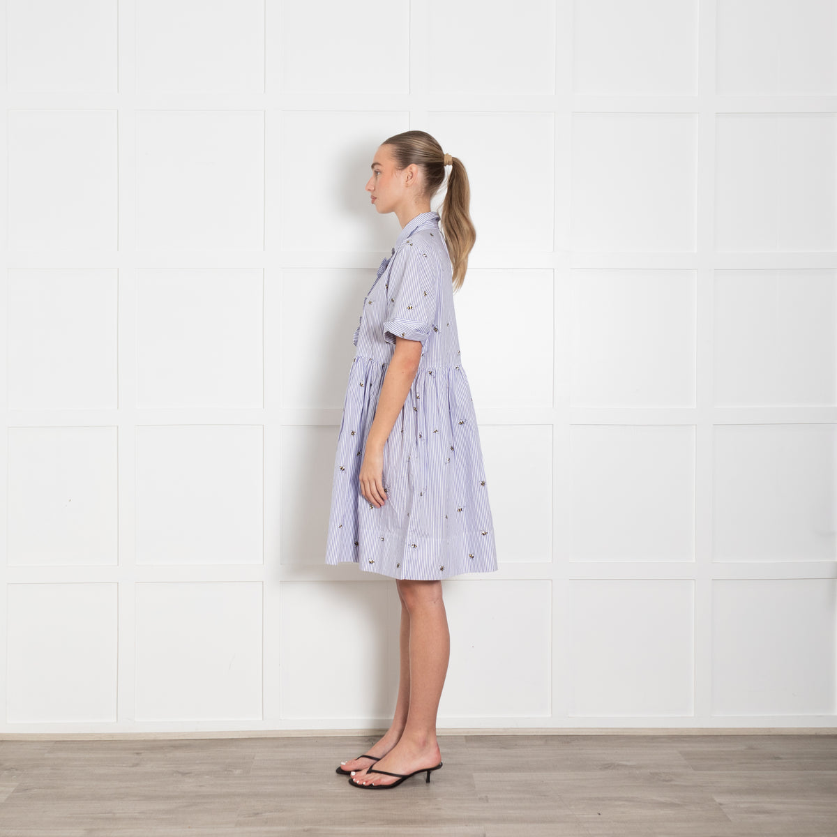 Kate Spade White Lilac Striped Bee Print Short Sleeve Dress