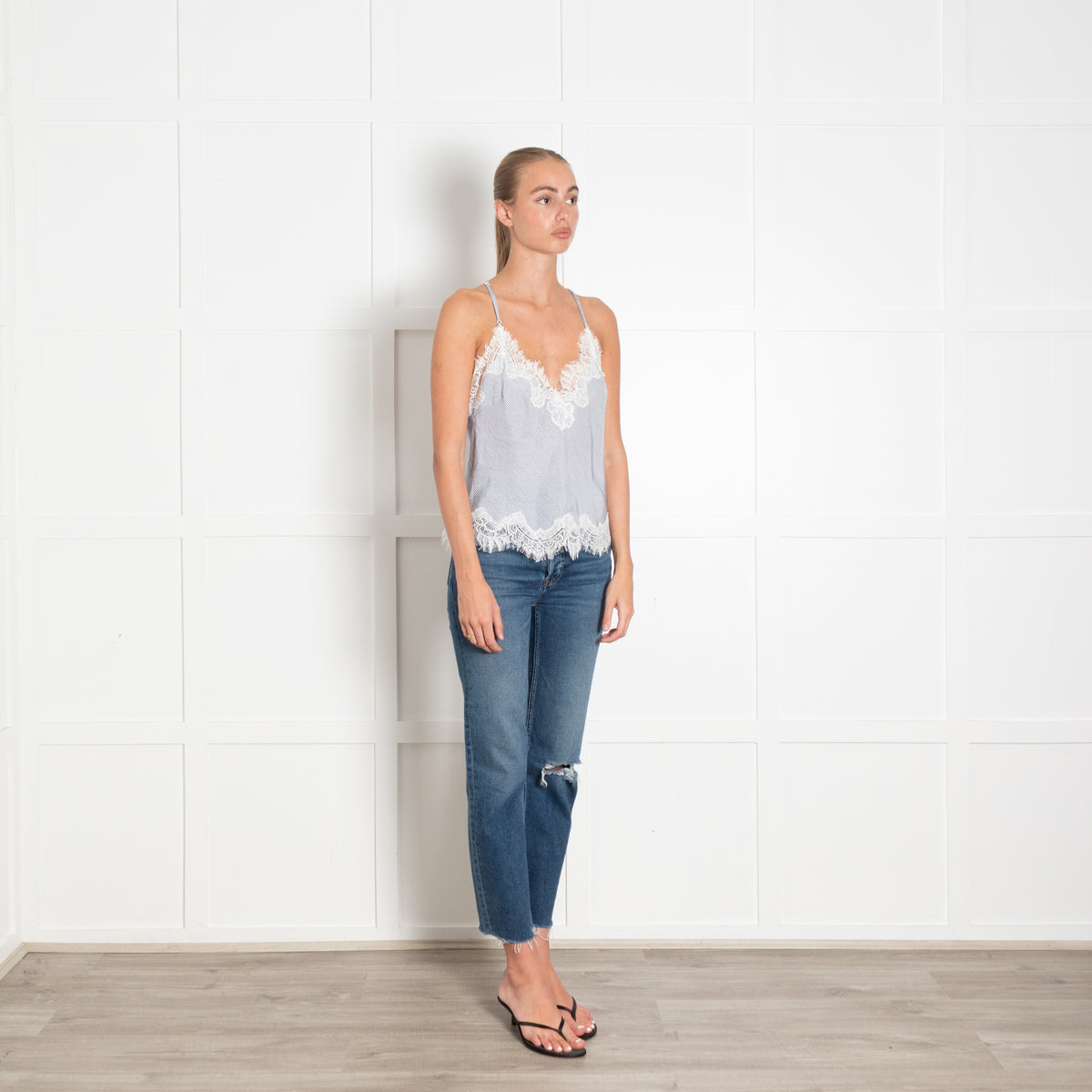Gold Hawk Blue Diagonal Stripe With Lace Camisole Top