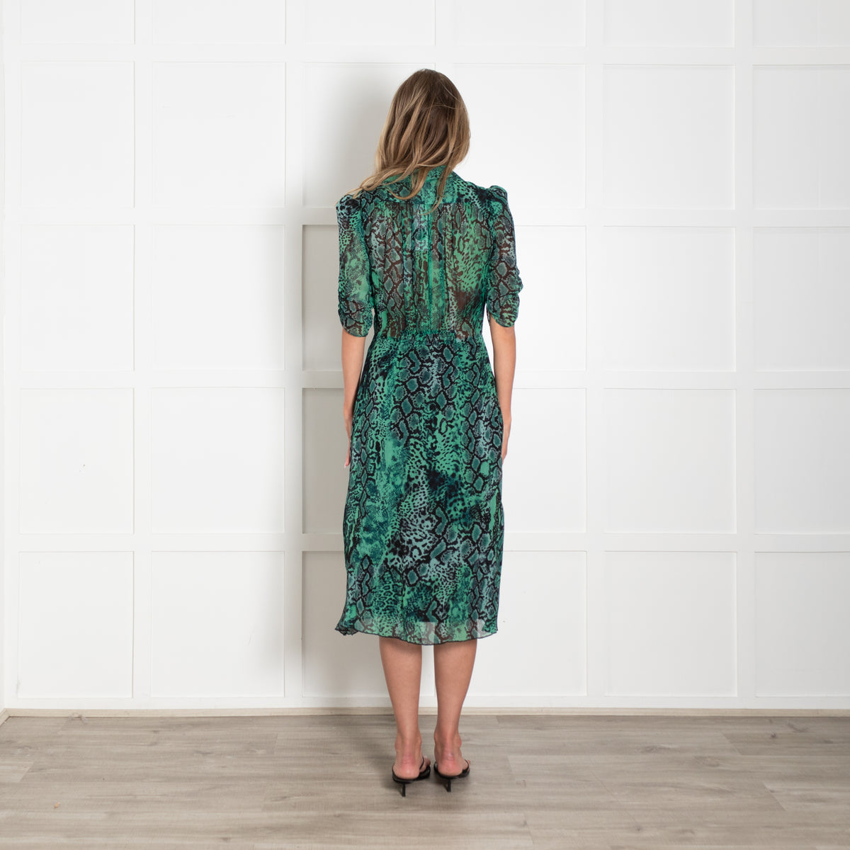 ba&sh Green & Black Snakeprint Shortsleeve Button Front Dress