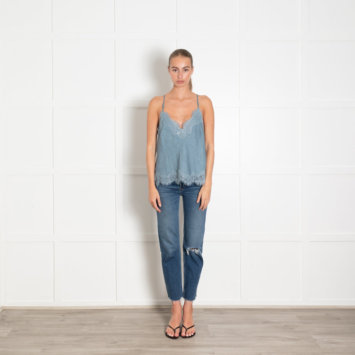 Gold Hawk Blue Chambray Lace Detail Camisole Top