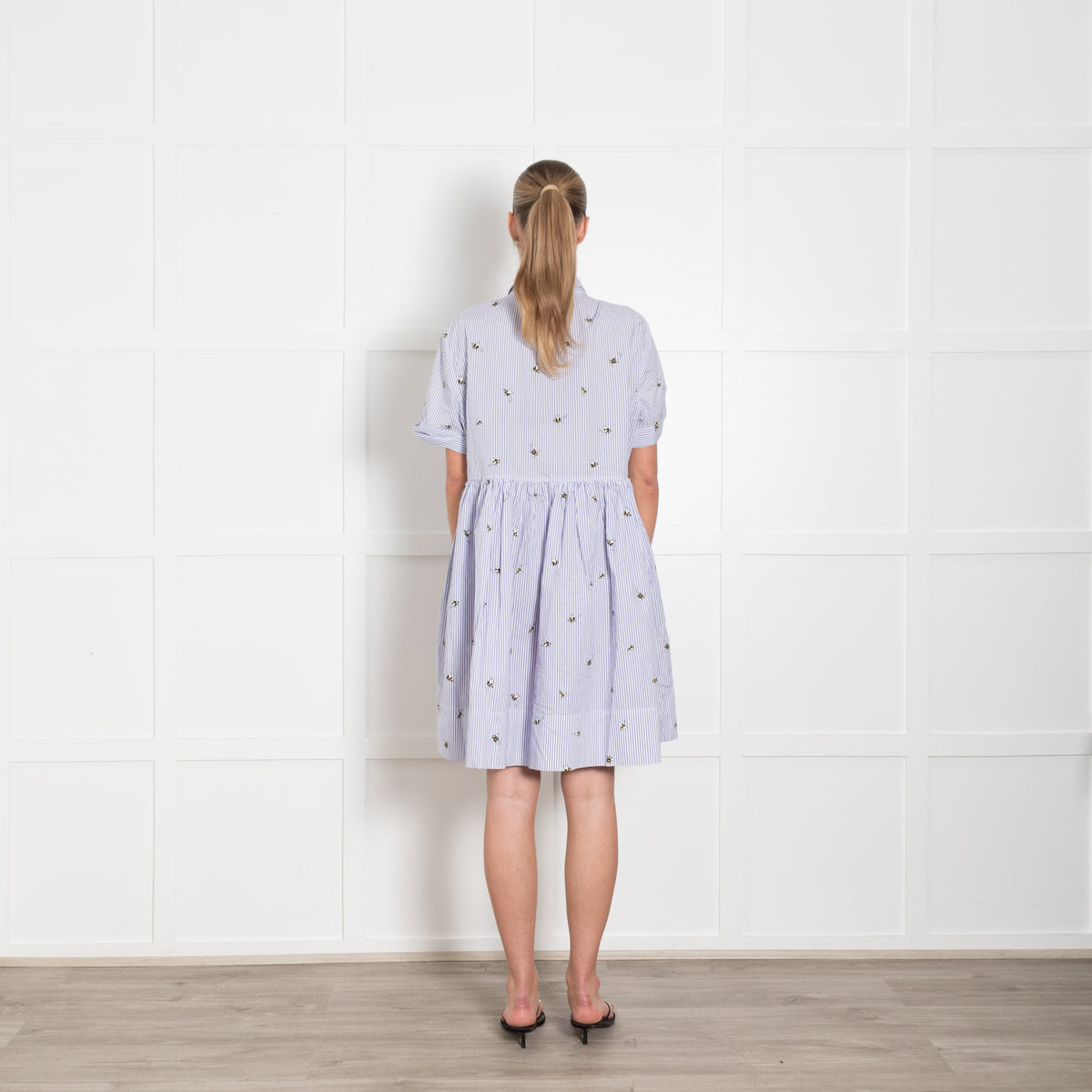 Kate Spade White Lilac Striped Bee Print Short Sleeve Dress