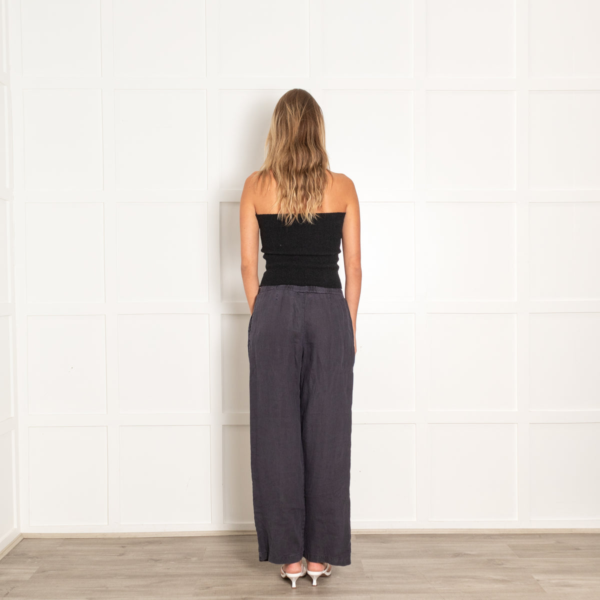 James Perse Navy Drawstring Linen Straight Leg Trousers