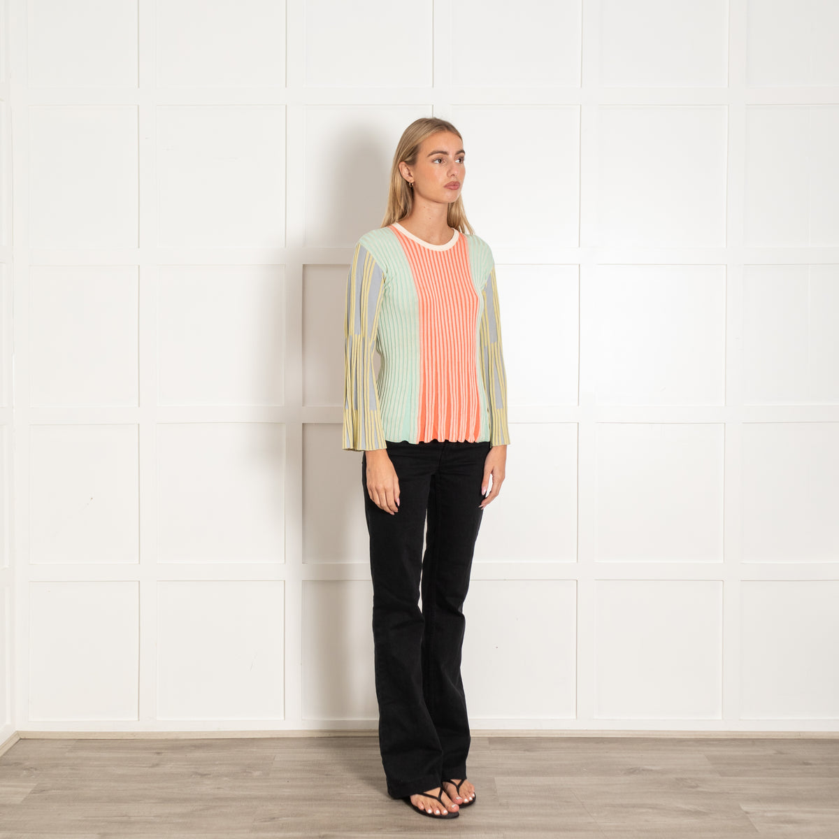 Kenzo Red and Green Ribbed and Flared Long-Sleeved Top