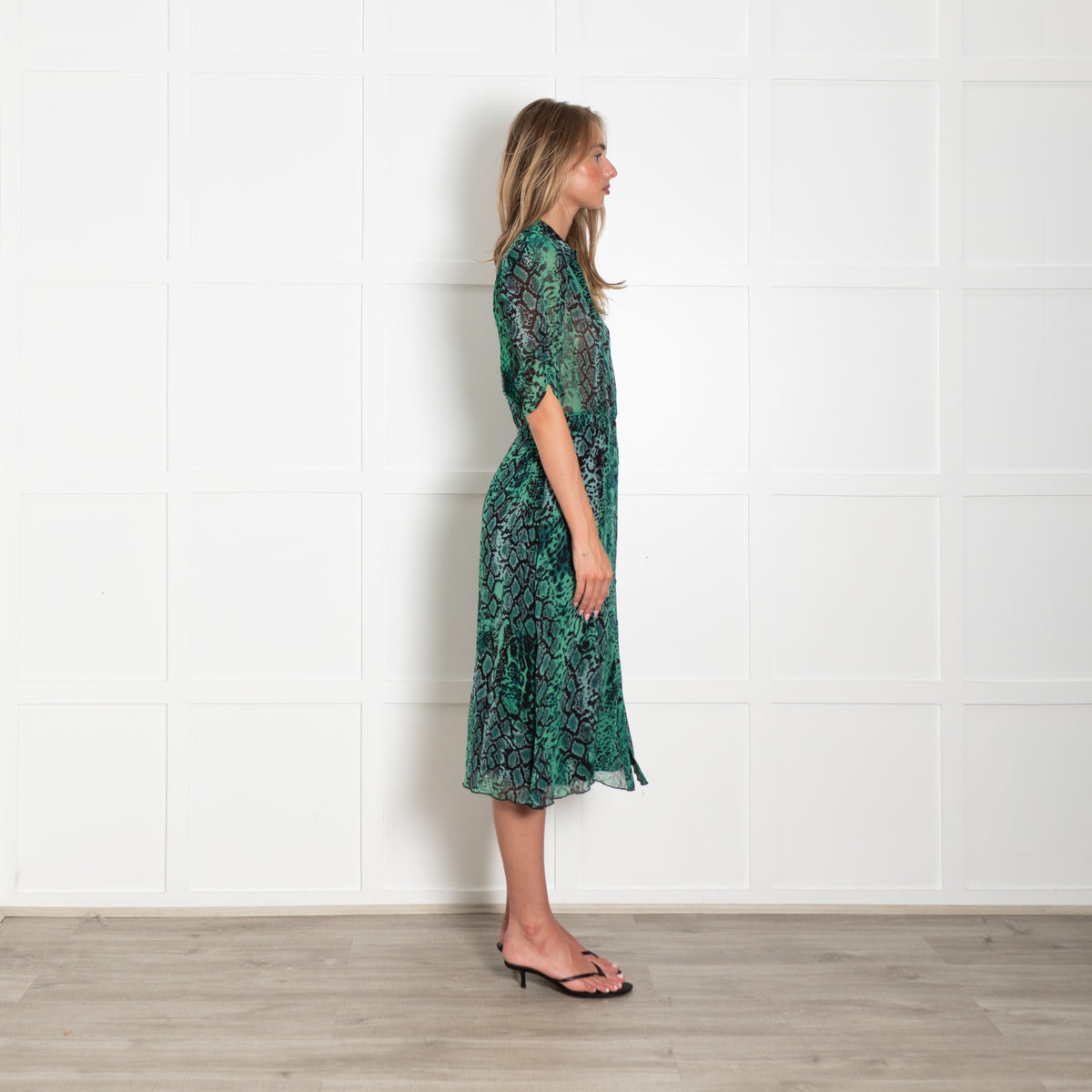 ba&sh Green & Black Snakeprint Shortsleeve Button Front Dress