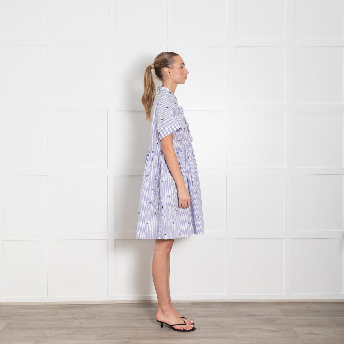 Kate Spade White Lilac Striped Bee Print Short Sleeve Dress