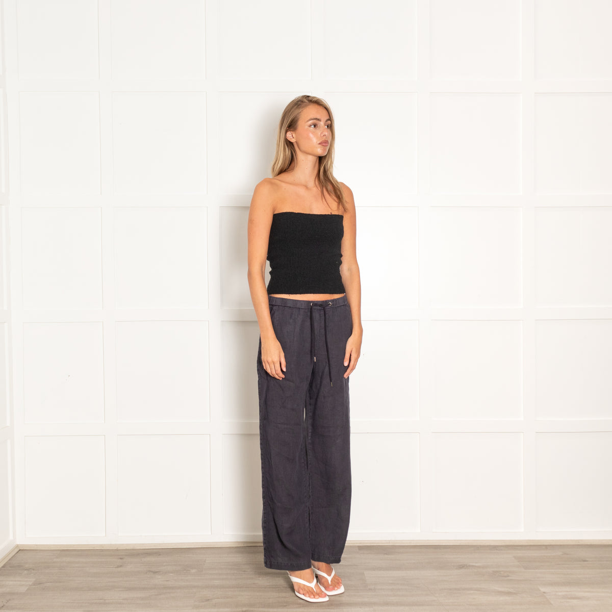 James Perse Navy Drawstring Linen Straight Leg Trousers