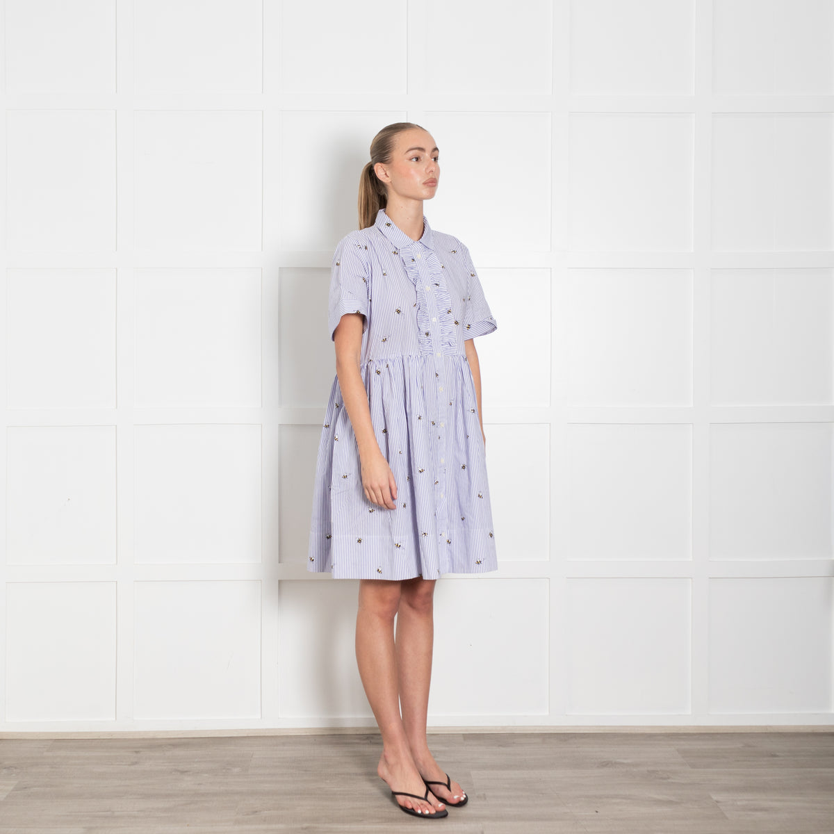 Kate Spade White Lilac Striped Bee Print Short Sleeve Dress