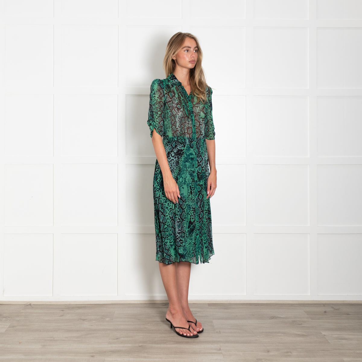 ba&sh Green & Black Snakeprint Shortsleeve Button Front Dress